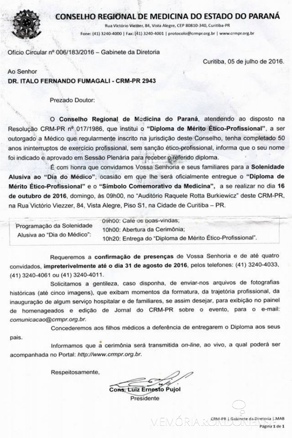 || Comunicação e convite do Conselho Regional de Medicina do Paraná ao Dr. Italo Fernando Fumagalli para receber o 