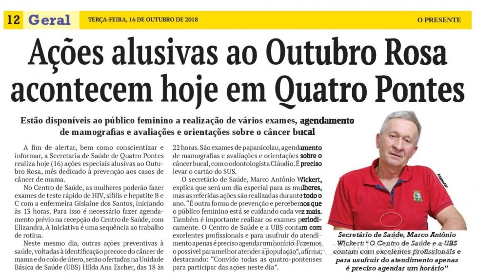 || Matéria de O Presente referente as ações do Outubro Rosa no município de Quatro Pontes. 
Imagem: Acervo do jornal - FOTO 18 - 
