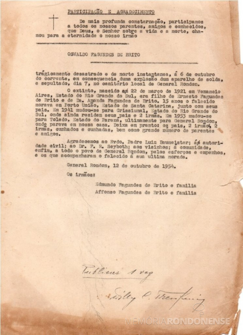 || Nota de falecimento do pioneiro Osvaldo Fagundes de Brito redigida pelo correspondente do então jornal 