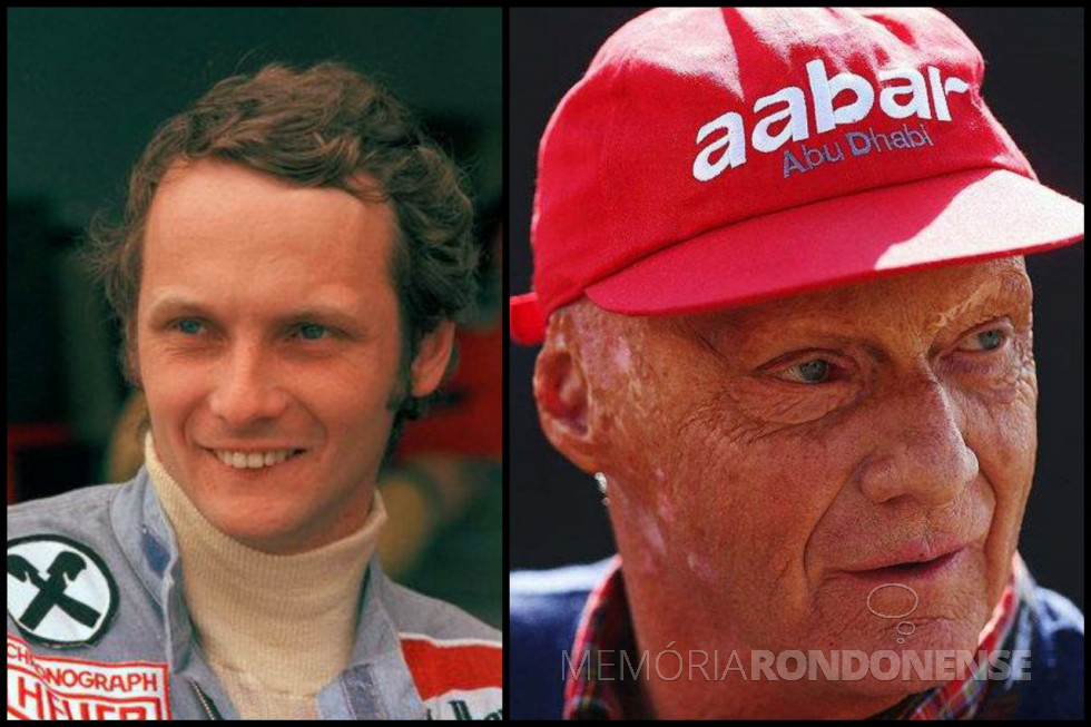 || Piloto austríaco Niki Lauda, morto em maio de 2019, em imagens antes e depois do acidente com o rosto transformado por causa das queimaduras e cirurgias plásticas.
Imagem: NY Times - FOTO 28 -