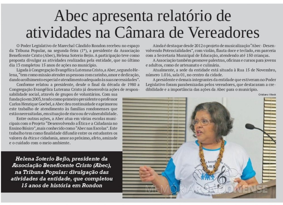 || Destaque no jornal O Presente ref. a apresentação do relatório da ABEC na Câmara Municipal de Marechal Cândido Rondon.  - FOTO 20 - 