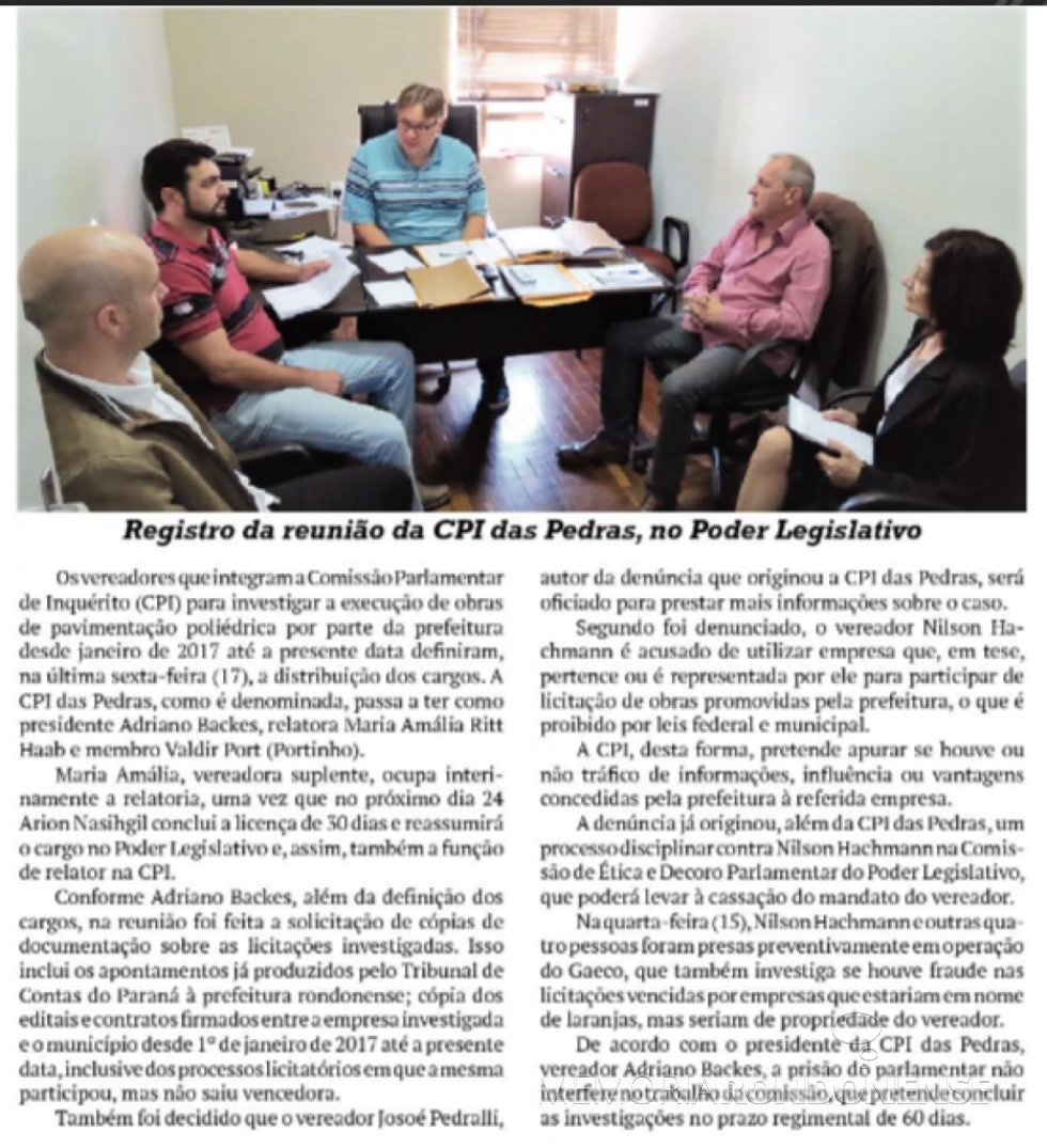 || Destaque do jornal O Presente sobre a distribuição dos cargos na CPI das Pedras da Câmara Municipal de Marechal Cândido Rondon, em maio de
Imagem: Acervo O Presente - FOTO 19 -