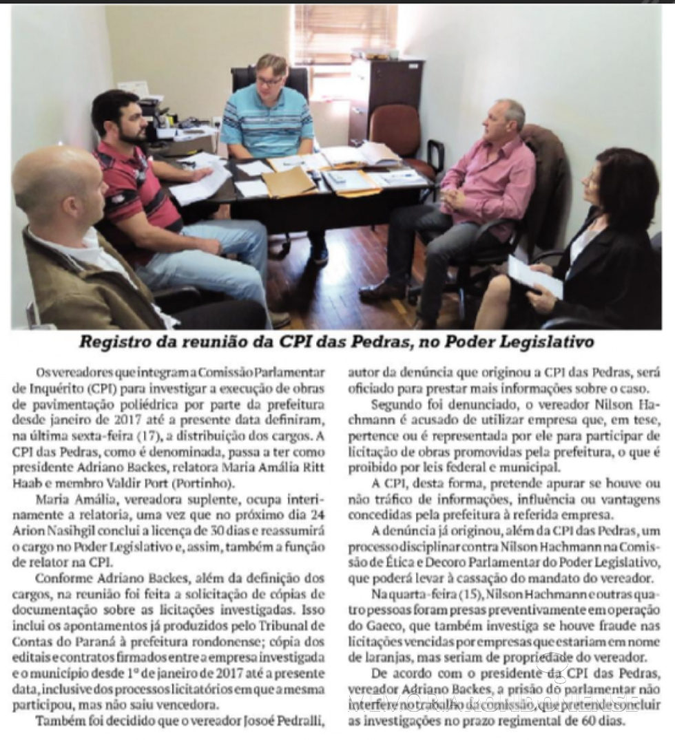 || Destaque do jornal O Presente sobre a distribuição dos cargos na CPI das Pedras da Câmara Municipal de Marechal Cândido Rondon. 
Imagem: Acervo O Presente - FOTO  17 - 