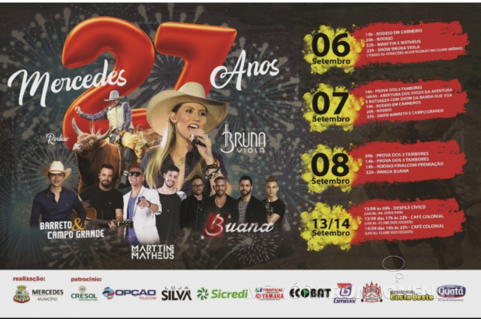 || Agenda de eventos comemorativos ao 27º  aniversário do município de Mercedes, em setembro de 2019.
Imagem: Acervo O Presente - FOTO 13 -
