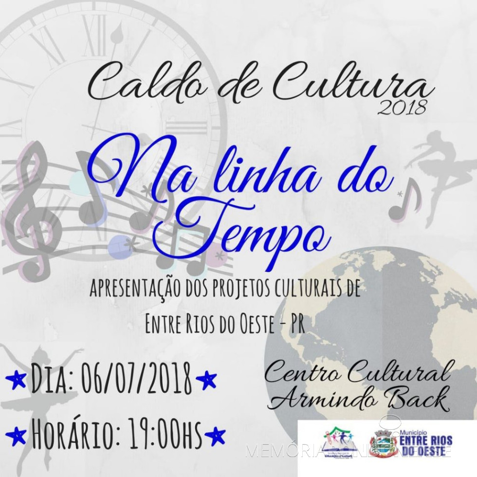 || Cartaz convite para o Caldo Cultural 2018, de Entre Rios do Oeste.
Imagem: Imprensa PM - Entre Rios do Oeste - FOTO 13 -