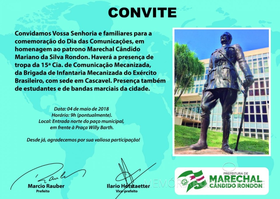 || Convite expedido pela Administração Pública de Marechal Cândido Rondon para a comemoração do Dia das Comunicações. 
Imagem: Acervo Imprensa - PM-MCR - FOTO 10 - 