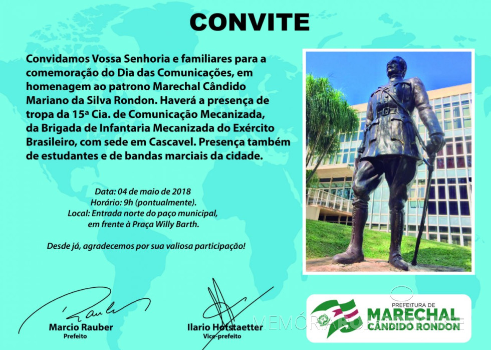 || Convite expedido pela Administração Pública de Marechal Cândido Rondon para a comemoração do Dia das Comunicações, em maio de
Imagem: Acervo Imprensa - PM-MCR - FOTO 11 -