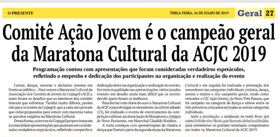 || Destaque do jornal O Presente sobre os classificados finais da Maratona Cultural ACJC 2019. 
-Imagem: Acervo O Presente - FOTO 11 -