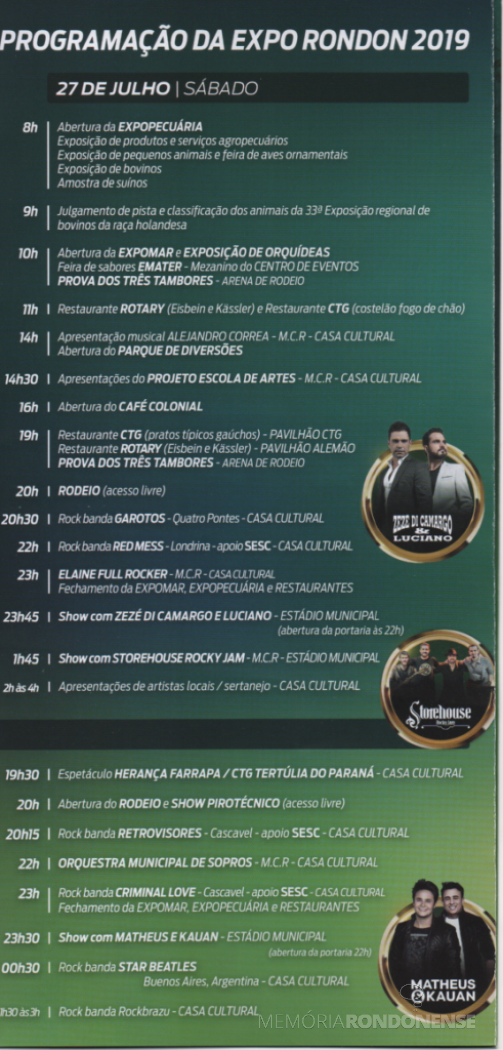 || Agenda da programação de 27 de julho alusiva ao 59º aniversário de Marechal Cândido Rondon. 
Imagem: Acervo Memória Rondonense - FOTO 18 -