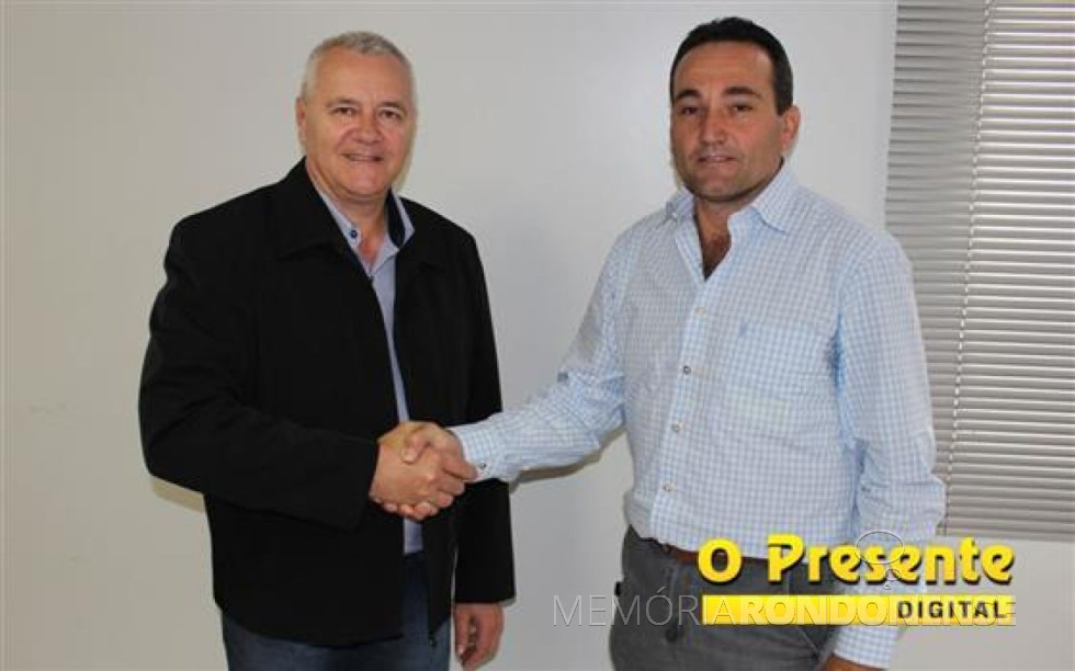 || Leomar Rohden e o vereador Dirceu Anderle candidatos a prefeito e vice-prefeito de Pato Bragado, pelo grupo situacionista, de outubro de 2016.
Imagem: Acervo O Presente Digital - FOTO 15 -