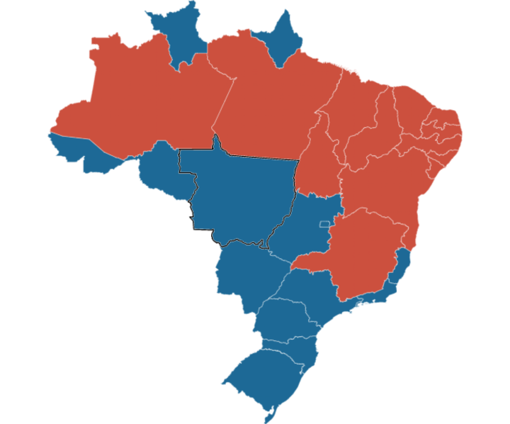 || Mapa nos estados em que Bolsonaro foi mais votado (em azul) e nos estados em que o candidato Lula mais votado (em vermelho).
Imagem: Acervo TSE - FOTO 28 -