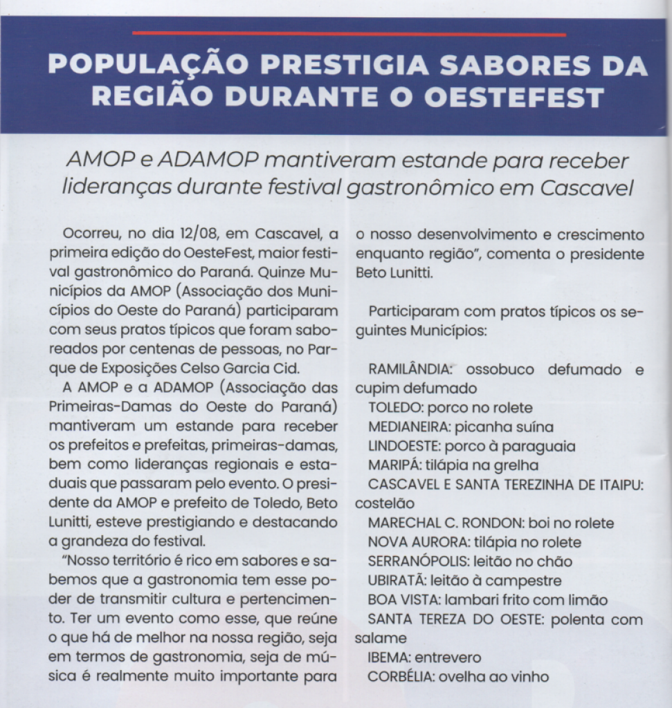 || Recorte informativo sobre a OesteFest que aconteceu em agosto de 2023, na cidade de Cascavel (PR).
Imagem: Acervo Revista Amop - FOTO 11 -