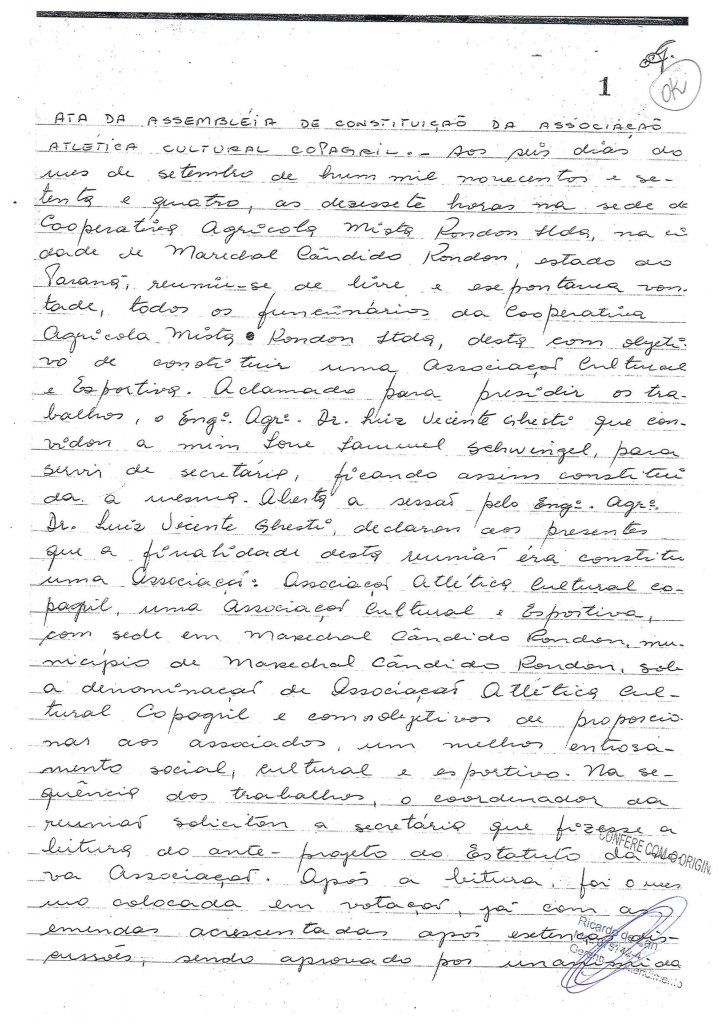 || Ata de fundação (1ª página) da Associação Atlética Cultural Copagril (AACC), em setembro de 1978.
Imagem: Acervo da Associação - FOTO 5 -