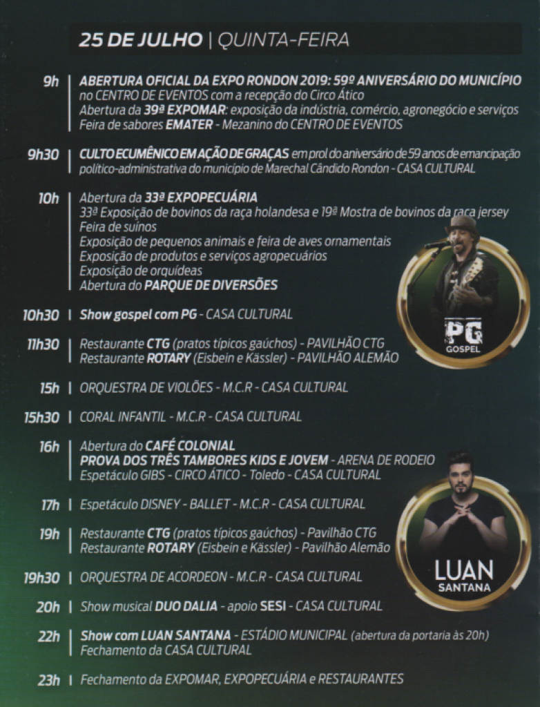 || Agenda de eventos  dos festejos dos 59 anos de Marechal Cândido Rondon, em julho de 2019. 
Imagem: Acervo Memória Rondonense - FOTO 47 -