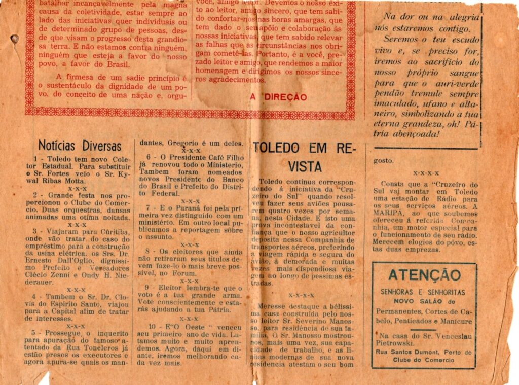 || Parte inferior da capa da edição comemorativa de um ano do então jornal "Oeste". 
Imagem: Acervo Maristela Trentini - FOTO 3 -