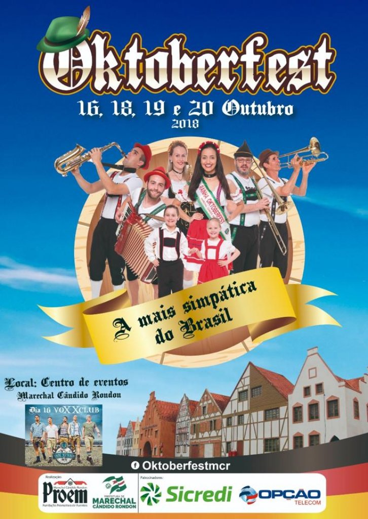 || Cartaz da Oktoberfest 2018 de Marechal Cândido Rondon. 
Sa esquerda à direita: saxofonistas Tiago Oberher e Rosilene Gunzel; rainha da Oktoberfest. Itamar Bade, trombone de vara, e Hildor Dreyer, trombone. Acordeonista Lucas Eduardo Zastrow.  
Imagem: Acervo da Imprensa PM-MCR - FOTO 15 -