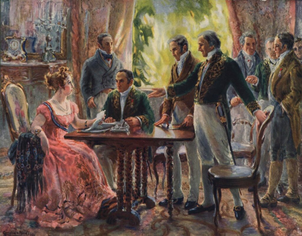 || Princesa  Leopoldina na Sessão do Conselho de Estado. Pintura de Georgina de Albuquerque de 1922.  A obra retrata a sessão de 2 de setembro de 1822 do Conselho de Estado do Brasil, que precedeu a declaração da independência do Brasil. Estavam presentes na reunião José Bonifácio de Andrada e Silva, com quem Maria Leopoldina interage, e Martim Francisco Ribeiro de Andrada, sentado. Com as mãos na mesa, ao lado do Patriarca da Independência, está Joaquim Gonçalves Ledo. A intenção de Albuquerque foi representar o momento em que a princesa, sob o conselho de José Bonifácio, prepara uma carta a Dom Pedro, incentivando-o a permanecer no Brasil e romper com as ordens das cortes de Lisboa. Dom Pedro recebe a carta em 7 de setembro de 1822, data que marca o "Grito da Independência".
 Imagem: Acervo: Museu Histórico Nacional. - FOTO 6 -