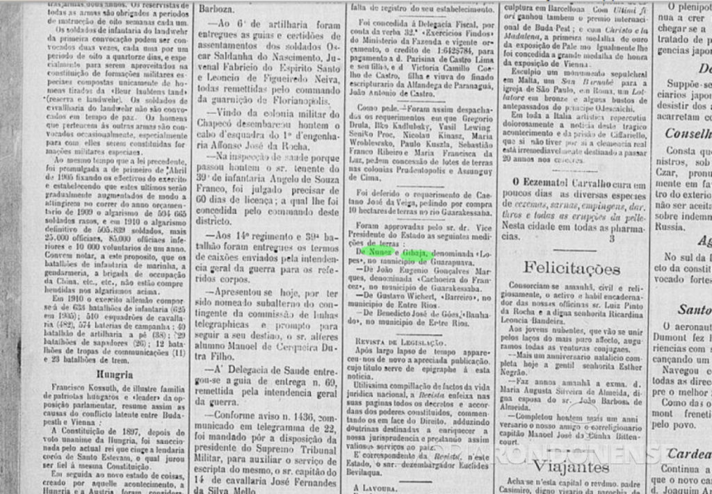 || Publicação de aprovação da áreas a serem  medidas em favor das empresas de Posadas, Nuñez y Gibaja e Domingo Barthe, no extinto jornal curitibano " A República - Orgam do Partido Republicano", em agosto de 1905. 
Imagem: Acervo Biblioteca Nacional - FOTO 2 -