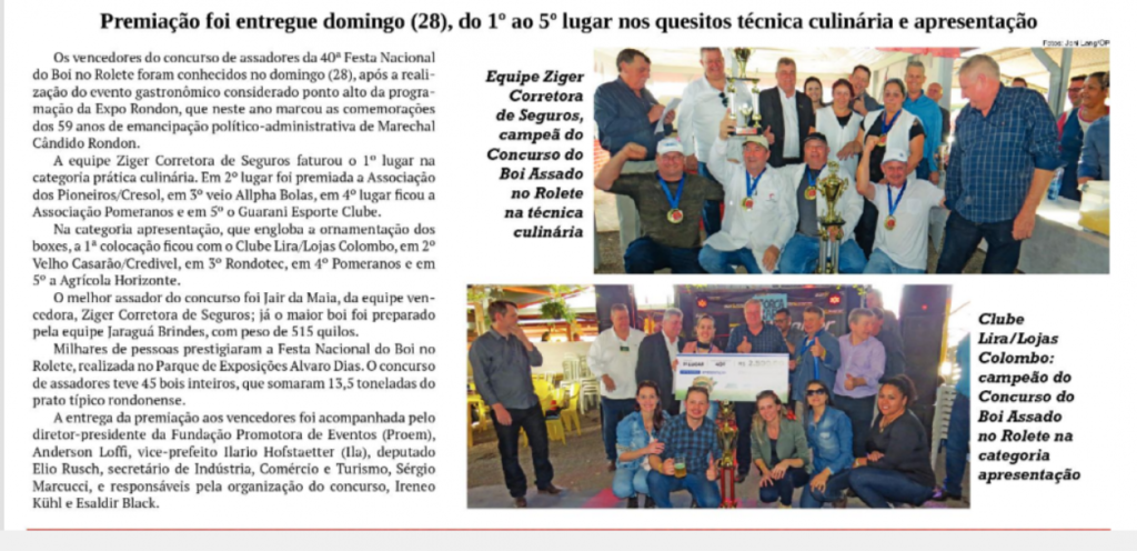 || Destaque do jornal O Presente sobre a premiação aos assadores classificados na 40ª Festa Nacional do Boi no Rolete. 
Imagem: Acervo O Presente - FOTO 28 -