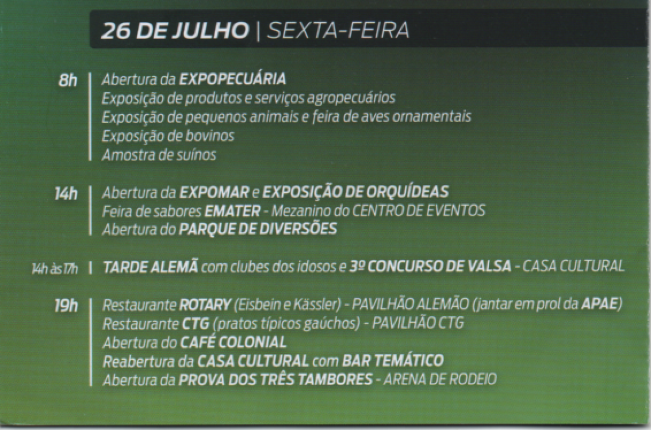 || Programação de eventos de 26 de julho ref. aos festejos dos 59 anos de Marechal Cândido Rondon. 
Imagem: Acervo Memória Rondonense - FOTO 23 -