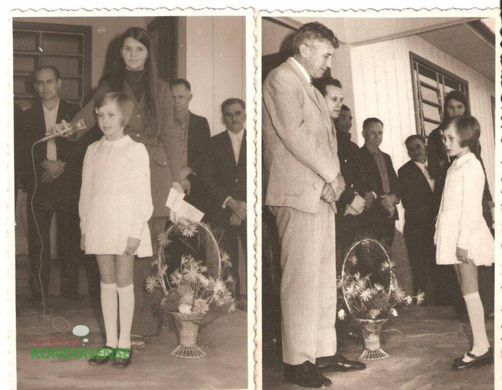 Inauguração da Escola Municipal Pedro Alvares Cabral, na Linha Guará, em 1972.
Nas duas fotos uma aluna da escola fazendo uma homenagem ao então Prefeito Municipal Dealmo Selmiro Poersch. 
No cromo a esquerda destaque para o sr. Alberto Meir, delegado de Marechal Cândido Rondon, de terno escuro. Na foto à direita, o prefeito Dealmo Poersch concentrado na mensagem da aluna, ladeado a sua esquerda pelo então secretário municipal de Educação e Cultura, prof. Carlos Vanzin. 
Imagem: Acervo Jorge Roberto Freitag