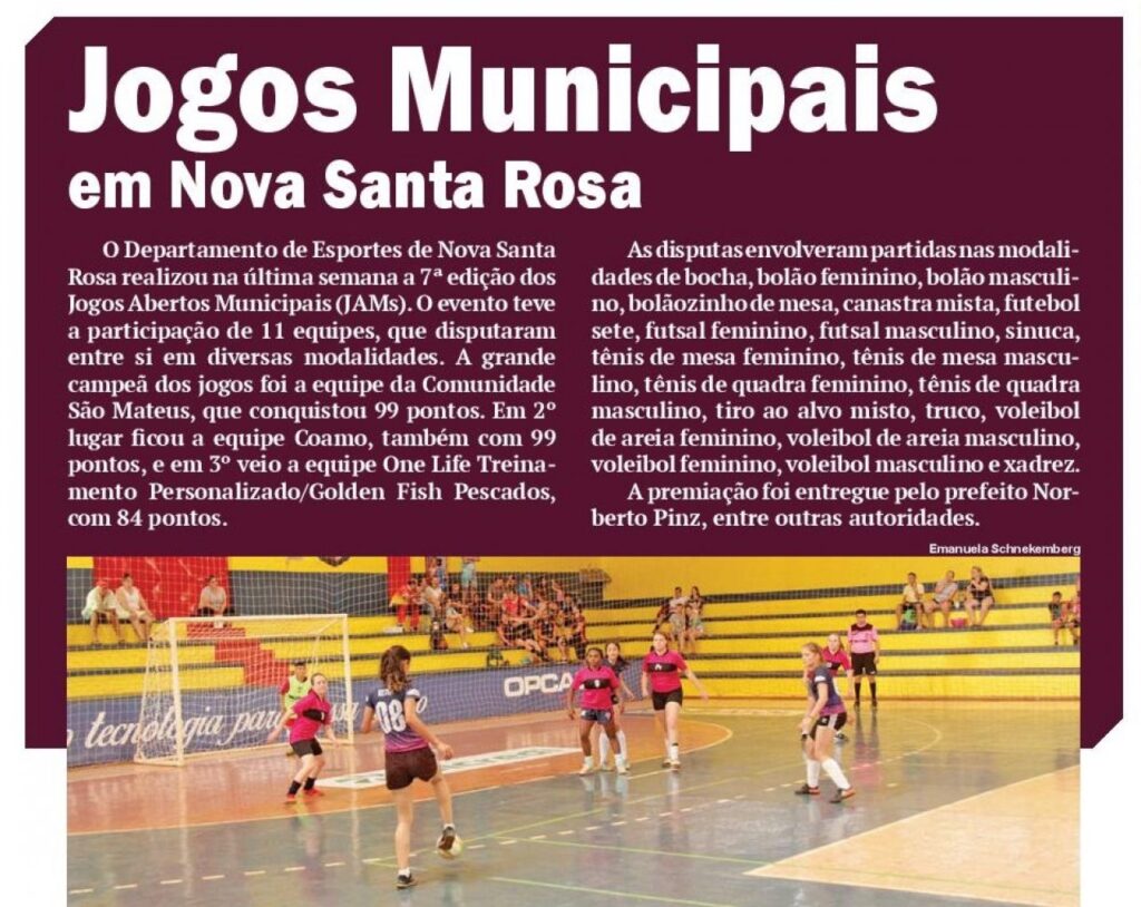 || Publicação do jornal O Presente que informa os resultados e classificação dos Jogos Abertos de Nova Santa Rosa 2018. 
Imagem: Acervo O Presente - FOTO 14 -