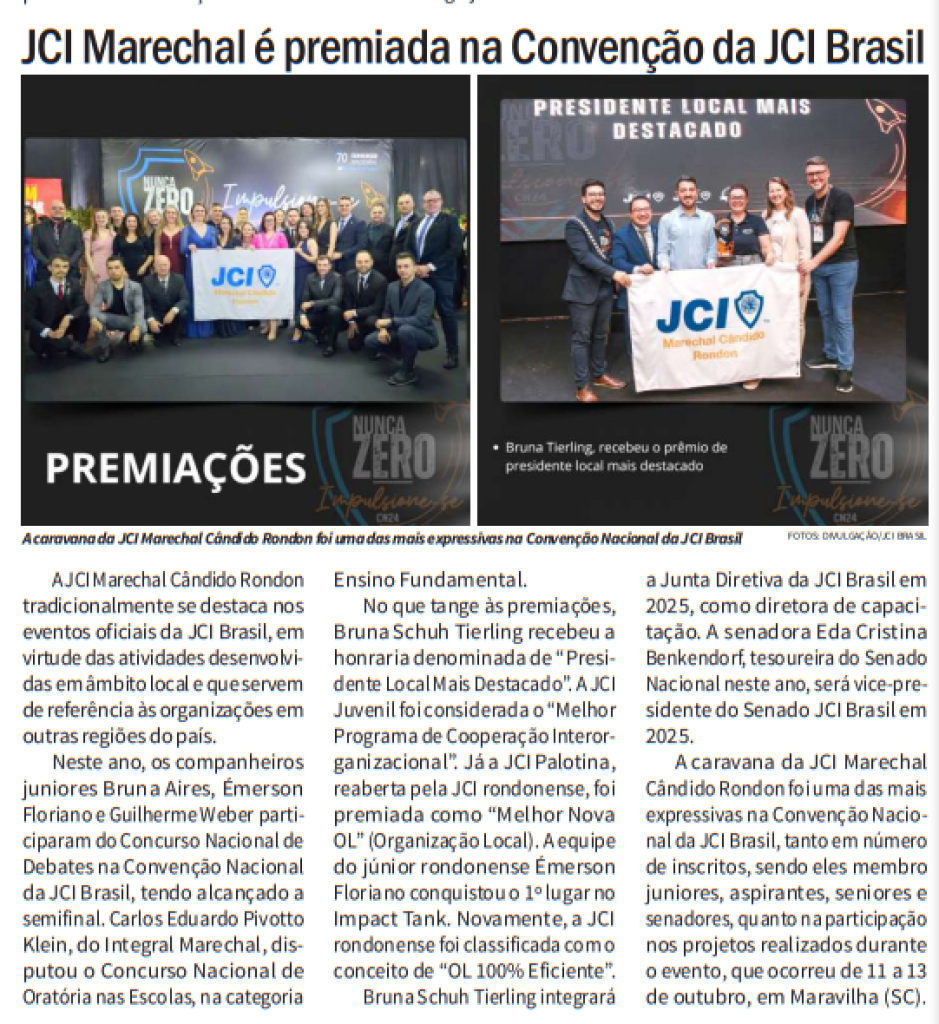|| Destaque do jornal rondonense "Tribuna do Oeste" sobre as participações e premiações recebidas pelas organizações juniorísticas, em outubro de 2024. - FOTO 23 -