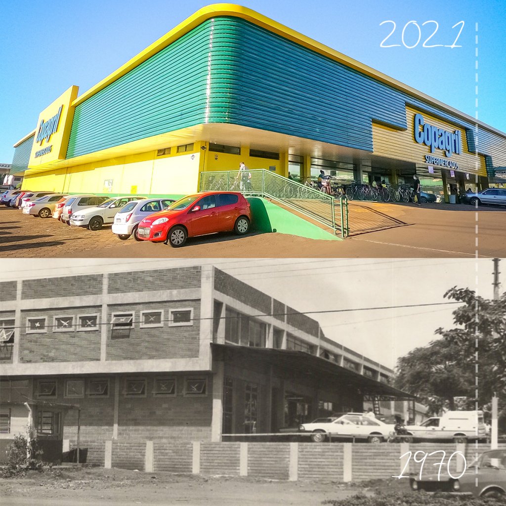 || Composição comparativa do supermercado da Copagril em 1970  e o complexo em 2021, junto a sede central.
Imagens e montagem: Comunicação Copagril - FOTO 33 -