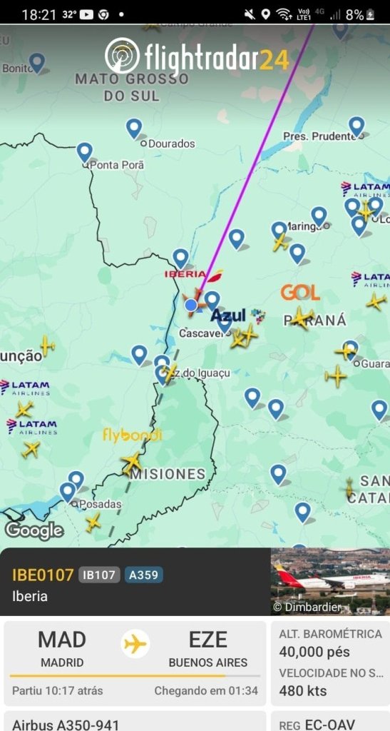 || Identificação da rota da aeronave da Iberia que cruzou o espaço aéreo de Marechal Cândido Rondon ao final da tarde de 08 de setembro de 2025.
Imagem: Acervo Flightradar - FOTO 14 -