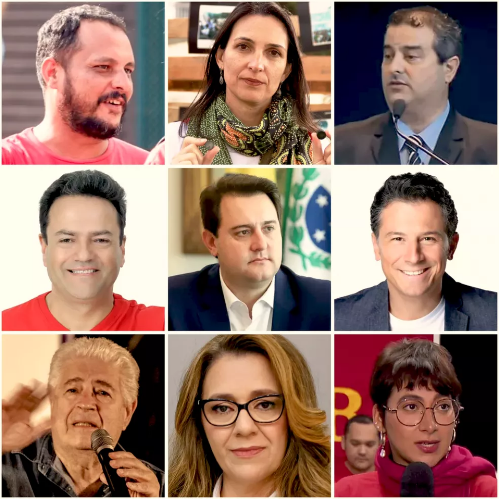 || Candidatos ao Governo do Paraná nas eleições de 02 de outubro de 2022. A partir da esquerda, do alto: Adriano Teixeira, Angela Machado, Joni Correira, Ivan Ramos Bernardo, Ratinho Junior,  Ricardo Gomyde, Roberto Requião,  Salonage Ferreira Bruno e Vivi Motta.
Imagem: Acervo G1/PR - FOTO 26 -
