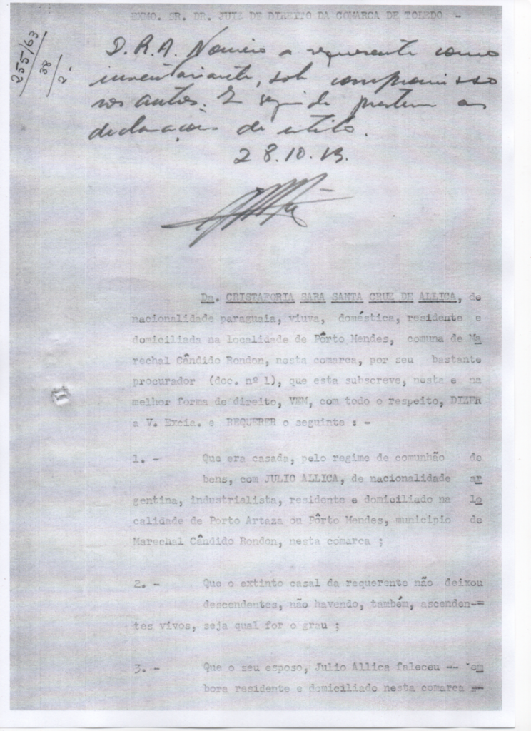 || Requerimento de inventário (página inicial) formulado pela viúva Cristaforia Sara Santacruz de Allica na Justiça Estadual da cidade de Toledo, em outubro de 1963.
Imagem:  Acervo 1º Cartório Civil de Toledo - FOTO 7 -