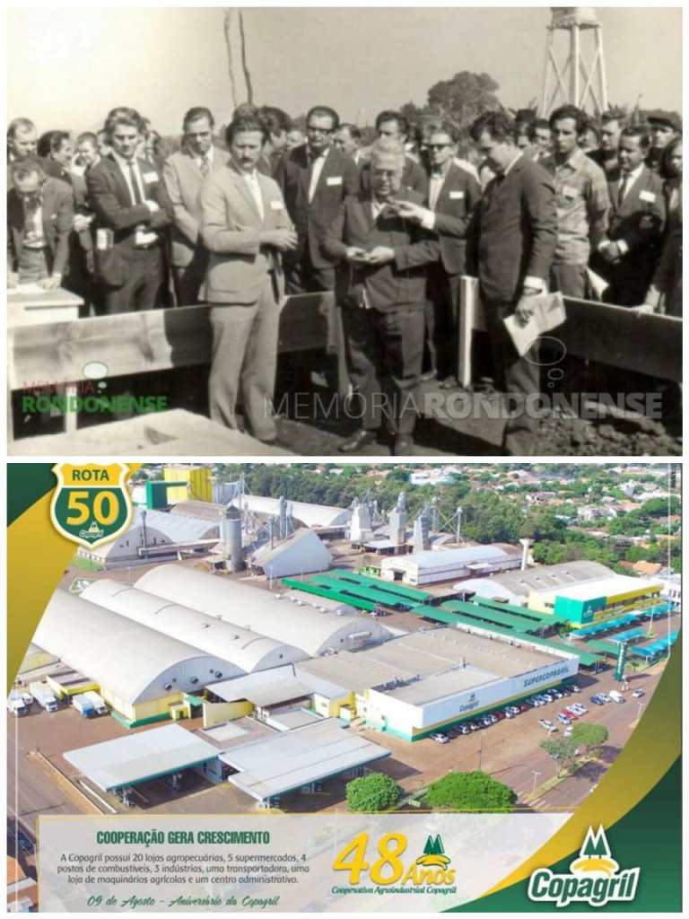 || Composição fotográfica com o lançamento da pedra fundamental (começo) da primeira sede administrativa¹ da Copagril ,em sua atual planta de localização à Avenida Maripá, em paralelo ao gigantismo alcançado, em mais de quatro décadas. Imagens: Acervo Memória Rondonense e Comunicação Copagril -Montagem: Tioni de Oliveira - FOTO 10 - 
¹ A solenidade também pode ser do lançamento da pedra angular do primeiro armazém.
Imagem: montagem equipe técnica do projeto Memória Rondonense - FOTO 24 -