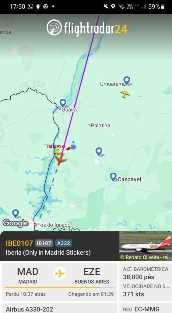 || Identificação da 2ª aeronave da Iberia que cruzou o espaço aéreo de Marechal Cândido Rondon na tarde de 25 de julho de 2025.
Imagem: Acervo Flightradar - FOTO 64 -