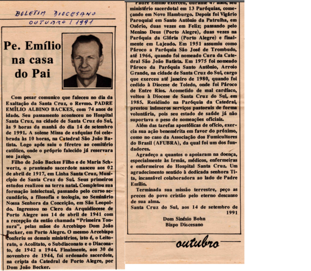 || Nota do bispo da diocese de Santa Cruz do Sul sobre o falecimento do padre Emílio Albino Backes, em setembro de 1991.
Imagem: Acervo da diocese citada - FOTO 16 -