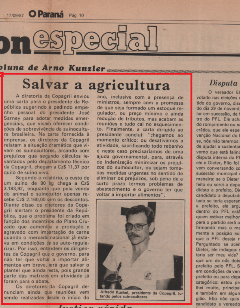 || Destaque do jornal cascavelense O Paraná, no caderno  M. C. Rondon - Especial, sobre a correspondência enviada pela Copagril ao Presidente da República, em setembro de 1987.
Imagem: Acervo Voni Berta   Amaral/O Paraná