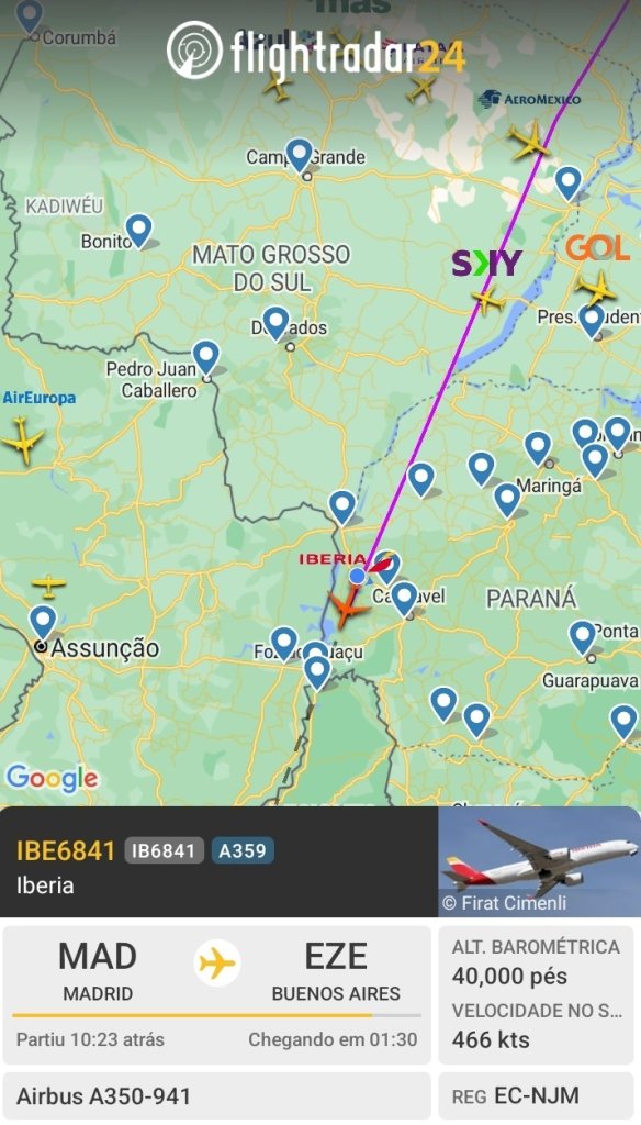 || Identificação da rota do avião da Iberia que cruzou o espaço aéreo de Marechal Cândido Rondon, no começo da manhã de 20 de setembro de 2024.
Imagem: Acervo Flightradar - FOTO 23 -
