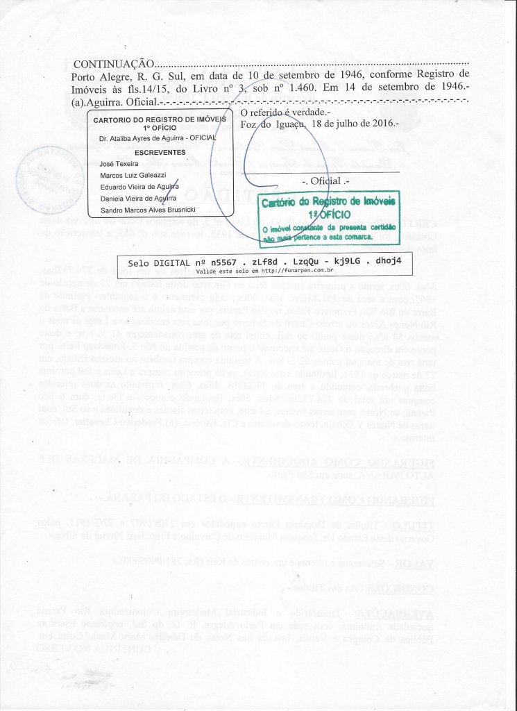 || Certidão (segunda página) de lavratura da escritura pública de venda e compra da "Fazenda Britânia", no Registro de Imóveis de Foz do Iguaçu, em 1946.
Imagem: Acervo Memória Rondonense - FOTO 3 –