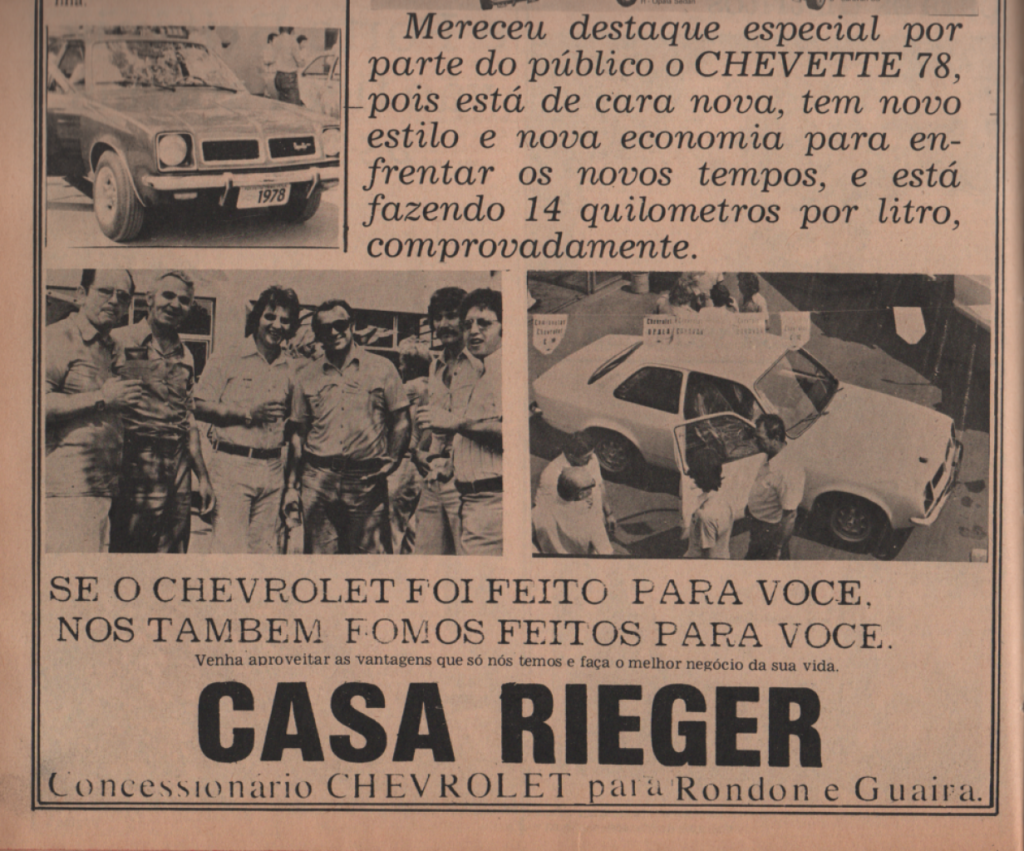 || Destaque do extinto jornal rondonense Rondon Hoje" ref. o lançamento da linha Chrevolet 1979, pela empresa Casa Rieger, em setembro de 1977.
Na foto, da esquerda à direita, cirurgião dentista Nori Pooter, secretário municipal de Saúde; prefeito municipal Almiro Bauermann,  e os empresários rondonenses Renato Kaefer e Rui Schmmel. Demais não identificados.
Imagem: Acervo Família Bier - FOTO 4 -