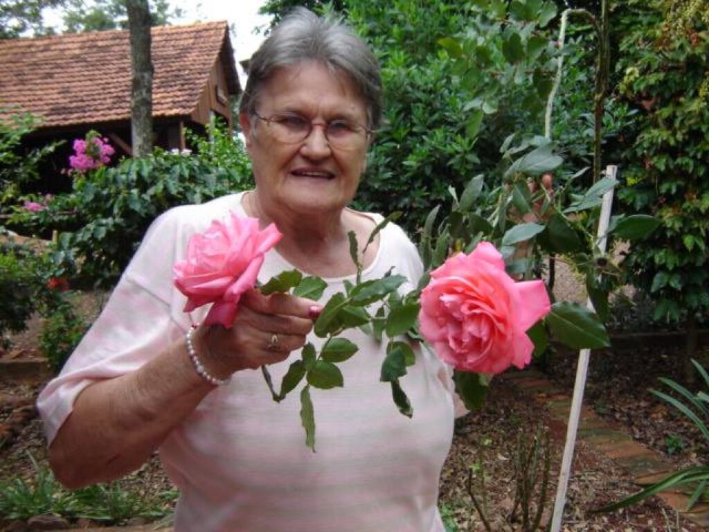 || Pioneira Ursulina Augusta (nascida Londero) Ragazzan fotografada em seu jardim com o hobby que mais gostava: cultivar rosas, segundo seus familiares. Ela é falecida em agosto de 2011.
Imagem: Acervo Dianete Maria Ragazzan - FOTO 9 -