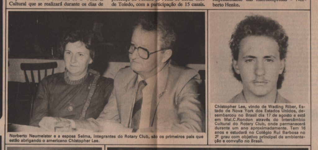 || Destaque do jornal cascavelense "O Paraná", em sua página "Mal. C. Rondon Especial" sobre a chegada do intercambiário rotariano Christopher Lee a Marechal Cândido Rondon, em agosto de 1987.
Imagem: Acervo Voni Berta  Amaral - FOTO 8 -