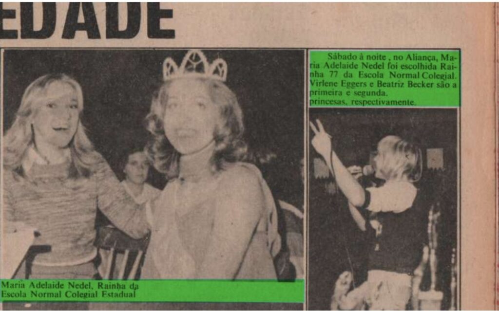 || Destaque do extinto jornal rondonense "Rondon Hoje" para Maria Adelaide Nedel, eleita rianha da Escola Estadual Normal Colegial de Marechal Cândido Rondon, em agosto de 1977. Imagem: Acervo Família Bier doado para o Projeto Memória Rondonense - FOTO 16 -