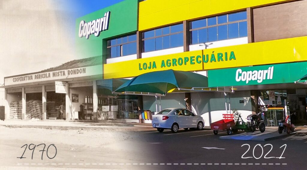 || Composição comparativa da loja agropecuária da Copagril em 1970  e o complexo em 2021, junto a sede central.
Imagens e montagem: Comunicação Copagril - FOTO 32 -