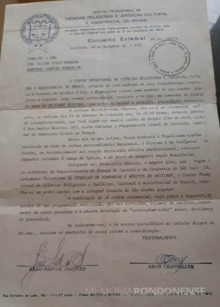 || Comunicado de concessão da outorga de grau de comendador ao senhor Elias Ítalo Herrmann.
Imagem: Acervo Mirian Beatriz Herrmann - FOTO 13 -