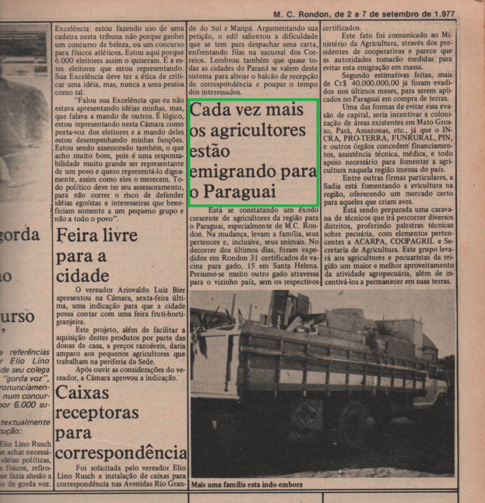 || Recorte do extinto jornal rondonense Rondon Hoje, ed. 02 a 09.1977, com destaque sobre a migração de rondonenses ao Paraguai.
Imagem: Acervo Memória Rondonense - FOTO 9 -