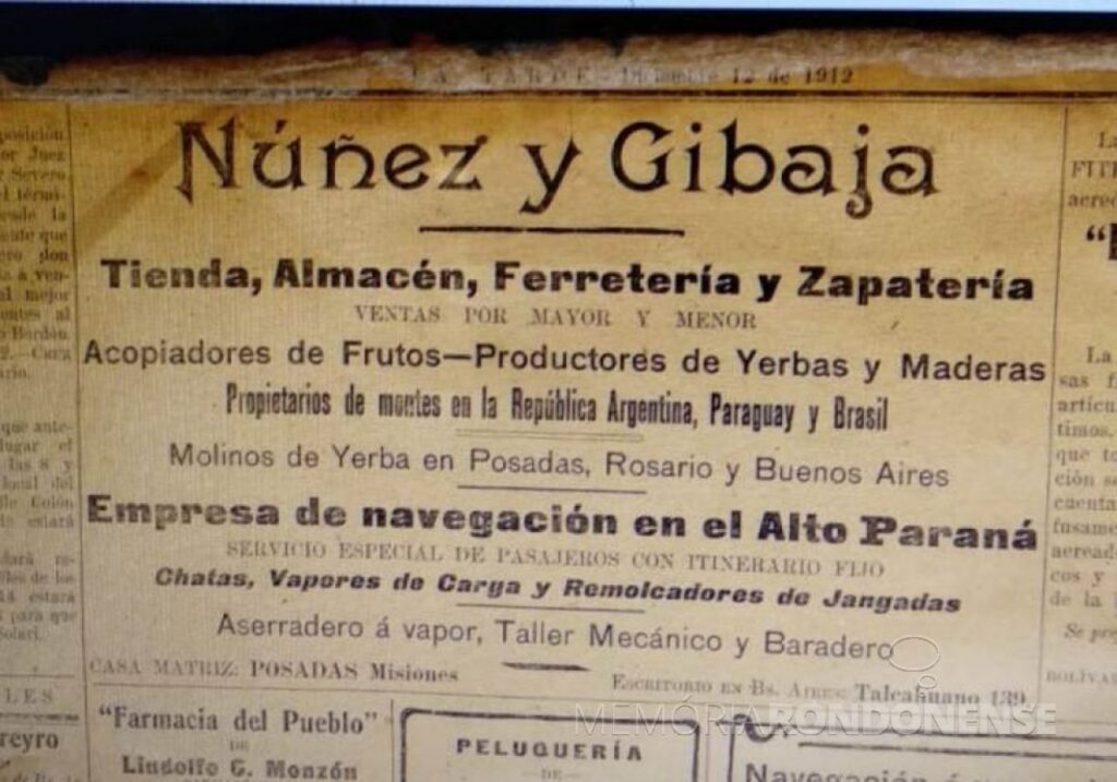 || Anúncio publicitário da empresa Nuñez Y Gibaja, no jornal La Tarde, da cidade de Posadas. sobre suas atividades comerciais.
Imagem: Acervo Museu Anibal Cambas - Posadas - Misiones. Pesquisa: Luiz Eduardo Deon - Cascavel - FOTO 4 -