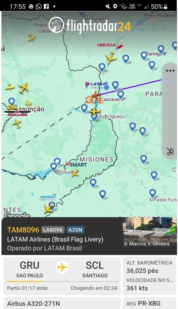 || Identificação da rota do avião da Latam que cruzou o espaço aéreo da cidade de Marechal Cândido Rondon,  ao final do dia 26 de julho de 2025.
Imagem: Acervo Flightradar - FOTO 34 --