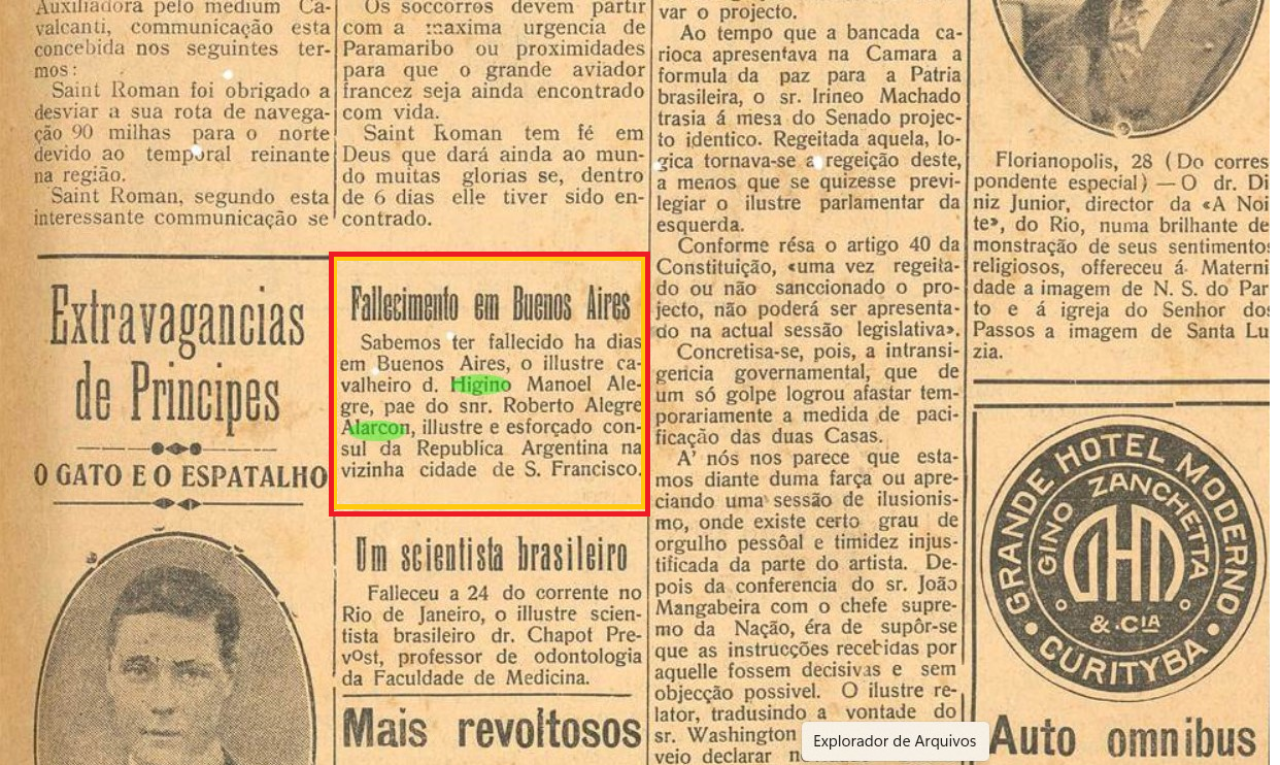 || Destaque do jornal catarinense "A Notícia", sobre o falecimento de Hygino Manoel Alegre, em julho de 1917.
Imagem: Acervo Biblioteca Nacional Digital - FOTO 2 -
