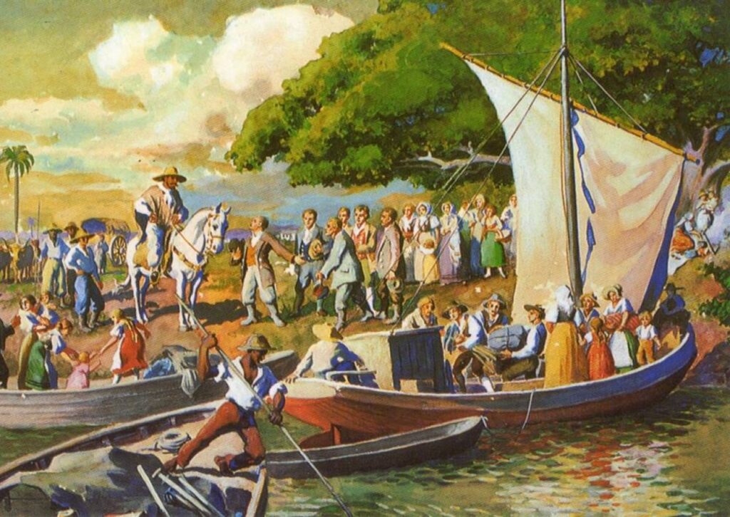 || Imigrantes alemães chegando em São Leopoldo, em 1825. Tela de Ernst Zeuner (1895-1967). 
Imagem: Acervo Museu Visconde de São Leopoldo - FOTO 1-