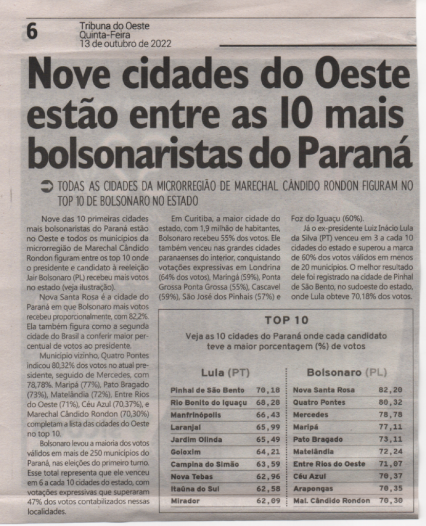 || Recorte do jornal rondonense "Tribuna do Oeste", com indicativo das cidades que deram o maior percentual de votos a Jair Bolsonaro e àquelas com mais sufrágios para Lula. 
Imagem: Acervo Tribuna do Oeste, ed.13.10.2022, p.6) - FOTO 24 -
