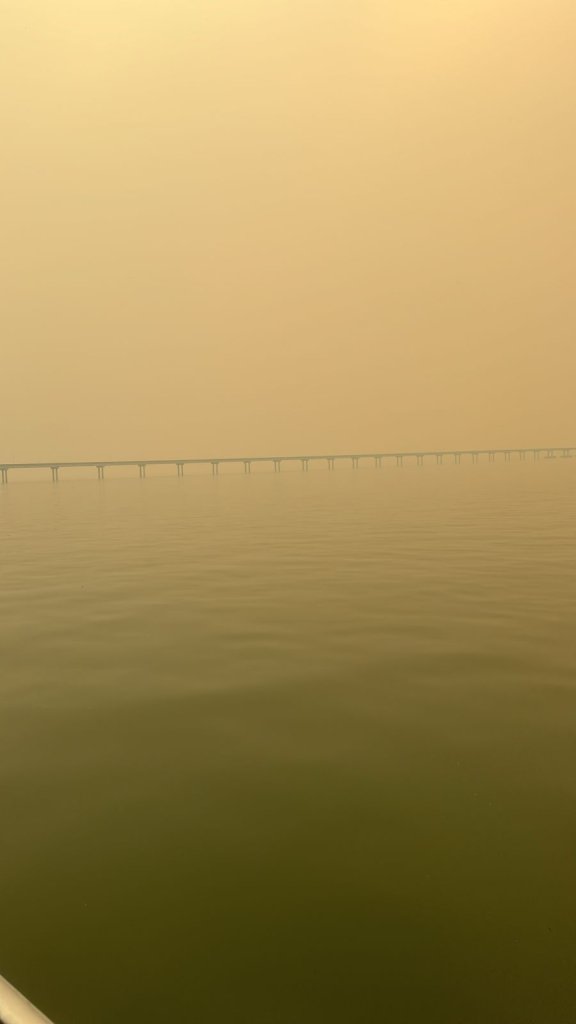 || Ponte Ayrton Senna, em Guaíra, encoberta pela intensa fumaça dos grandes incêndios na ilhas que formam o Parque Nacional da Ilha Grande, em final de agosto de 2024.
Imagem: Acervo Rutiline Barreto - FOTO 24 -